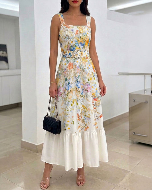 Women's Floral Maxi Dress Square Neck Sleeveless Ruffle Hem Sundress Backless Shirred Summer Vacation Dress with Belt