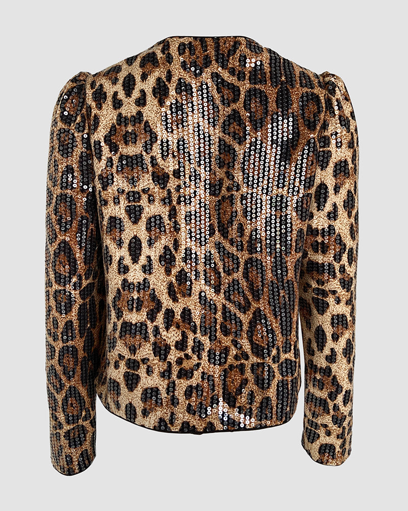 Allover Sequin Leopard Print Puff Sleeve Open Front Slim Fit Jacket Casual Crop Coat