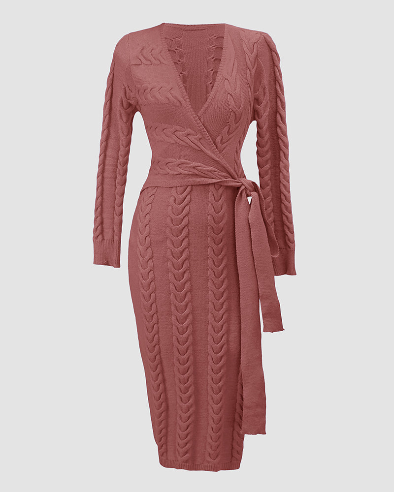 Cable Textured Overlap Deep V-Neck Long Sleeve Mid-Length Dress Tie Waist Slim Fit Knit Dress
