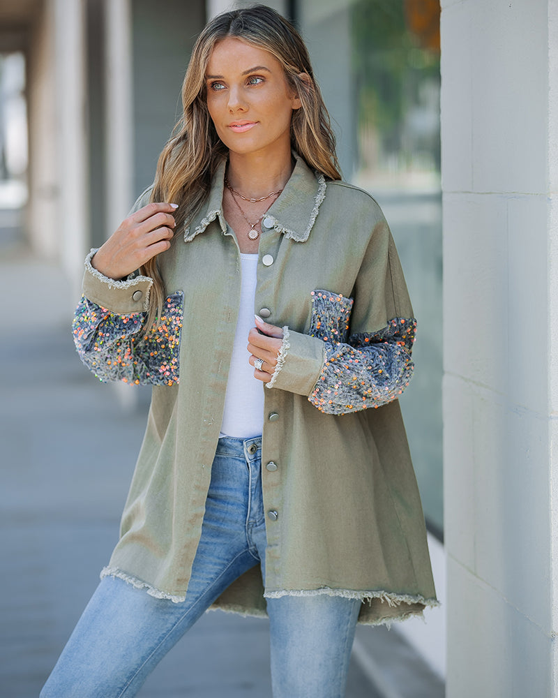 Casual Jacket Sequin Patchwork Long Sleeve Jacket Top Button Front Raw Hem Oversized Denim Shacket