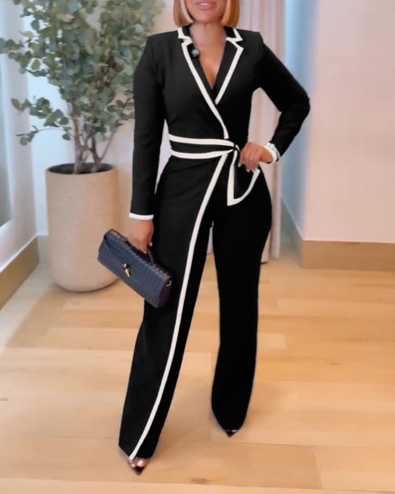 Contrast Paneled Notched Collar Padded shoulders Work Jumpsuit Casual Zipper Back Wrap Front Jumpsuit