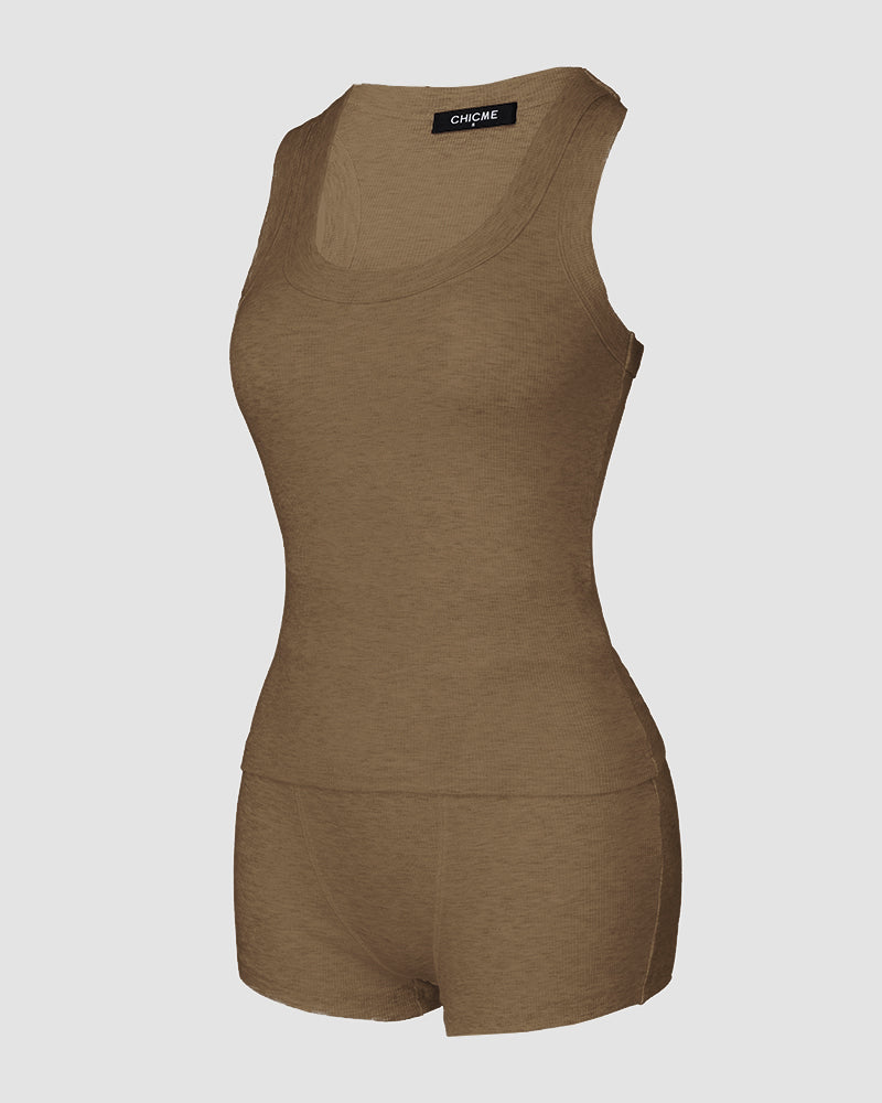 2PCS Micro-Ribbed U-Neck Tank Top & Boxer Set Cozy Loungewear