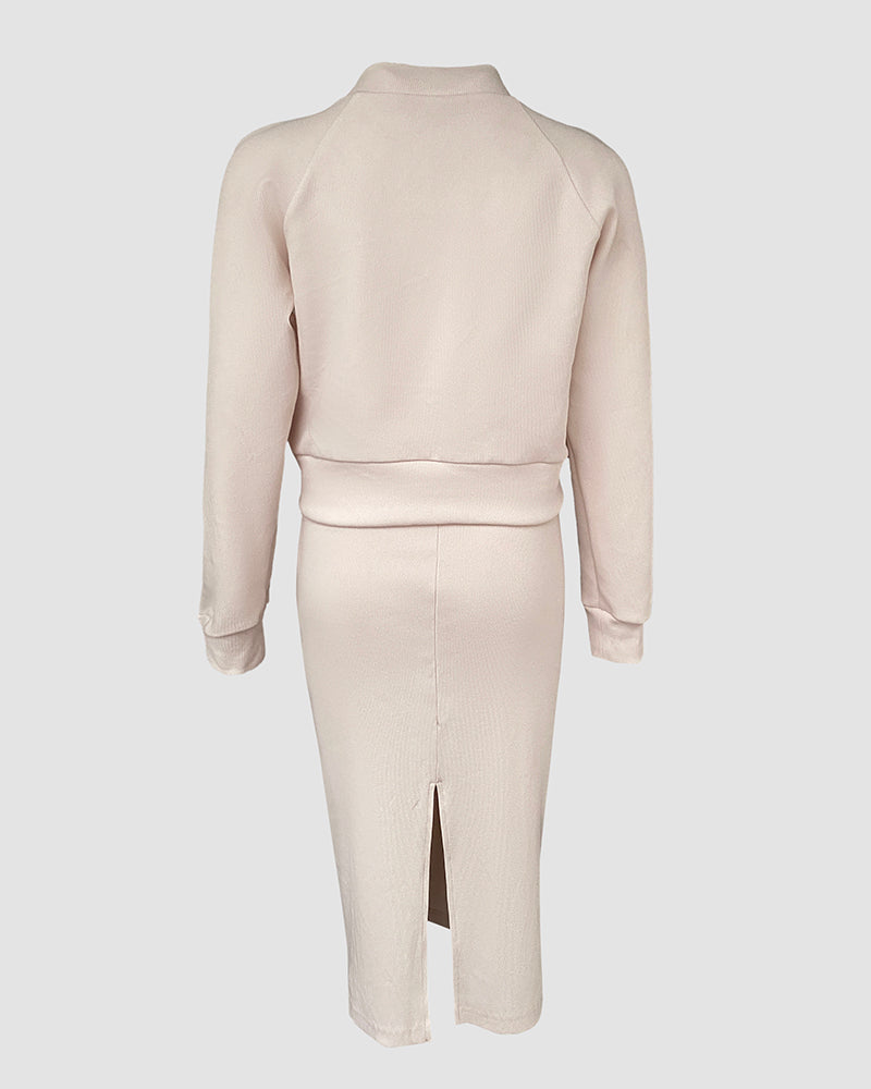 2 Pieces Outfit U-Neck Slit Back Slim Fit Knit Tank Dress and Pearl Button Front Baseball Coat Casual Ribbed Set