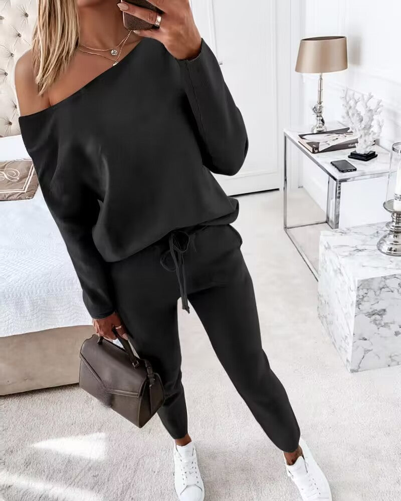 2 Pieces Outfit Long Sleeve Skew Neck Pullover Top and Drawstring Elastic Waist Slim Fit Pants Set