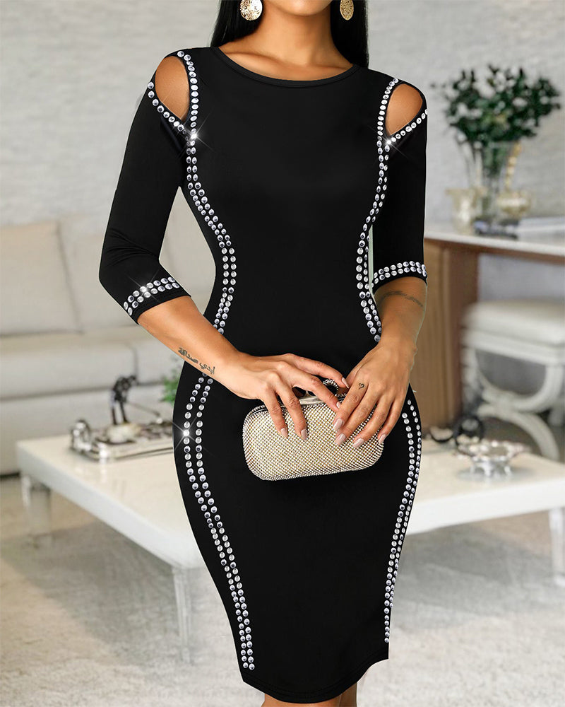Rhinestone Decor Cold Shoulder Half Sleeve Slim Fit Party Dress Zipper Back Slit Work Dress