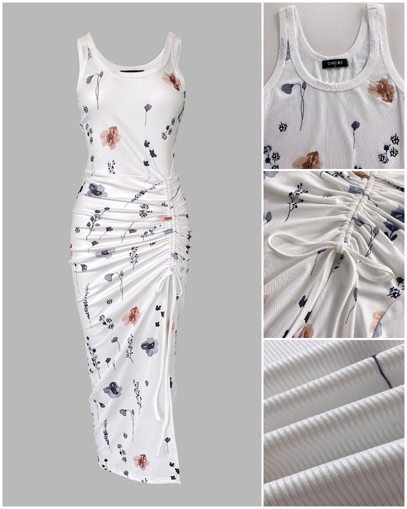 Floral Print U-Neck Thick Strap Drawstring Slit Vacation Dress Casual Ruched Slim Fit Tank Dress