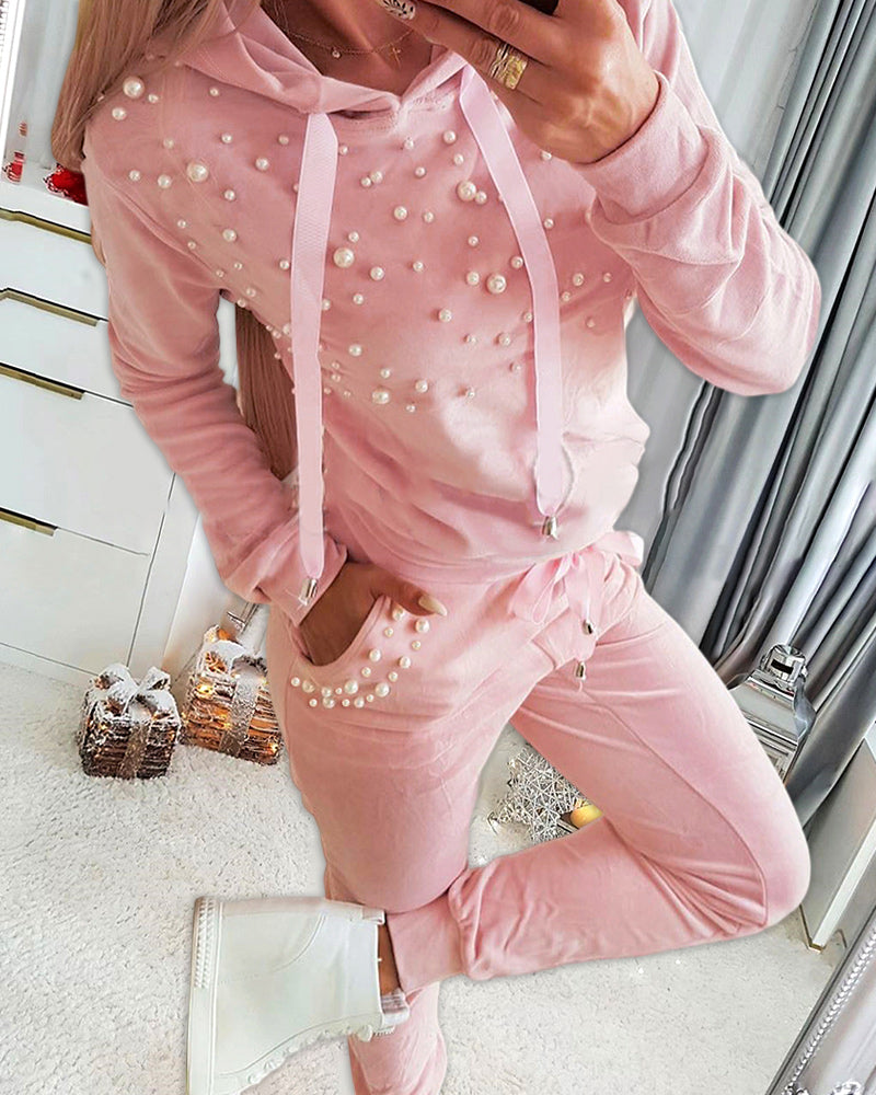 Beaded Hooded Top & Drawstring Pants Set