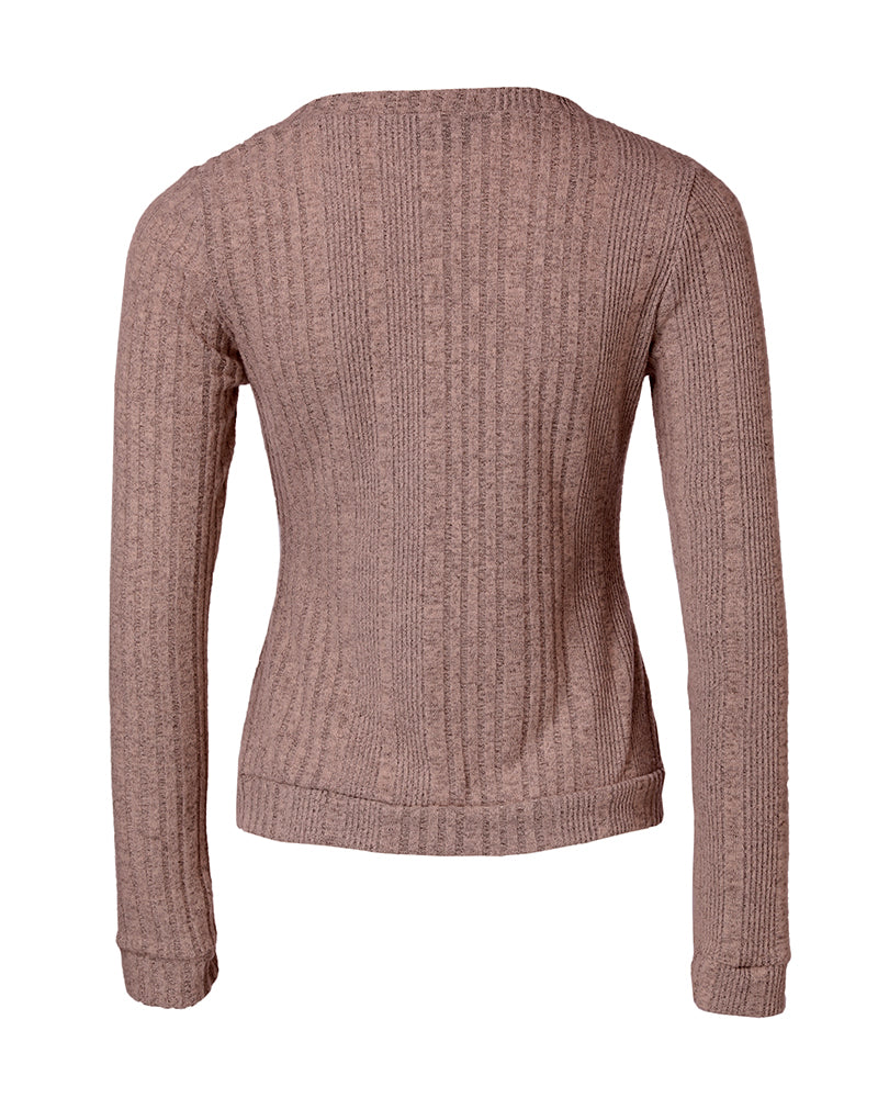 Crewneck Long Sleeve Ribbed Top Half Zipper Design Casual Pullover Tops