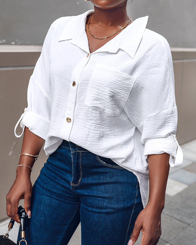 Metal Chain Decor Turn-down Collar Turn-Up Sleeves Front Button Shirt Casual Backless Asymmetrical Hem Top