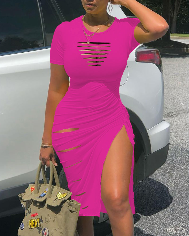 O-neck Short Sleeve Solid Color Cut-Out Ruched Drawstring Bodycon Dress with Side Slit