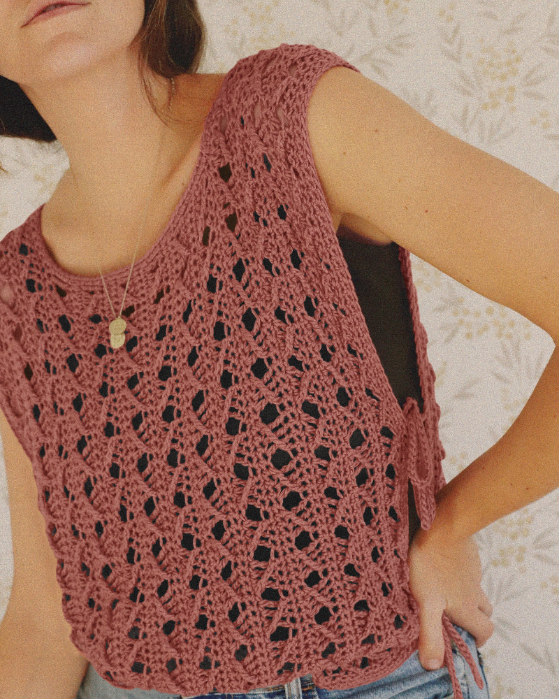 Round Neck Sleeveless Hollow-out Crochet Sweater Casual Tie Side Breathable Crop Top