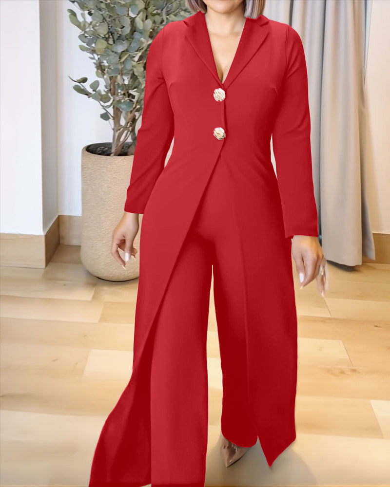 Notched Collar Long Sleeve Button Front Jumpsuit Casual Cinched Waist Wide Leg Faux Two-Piece Jumpsuit