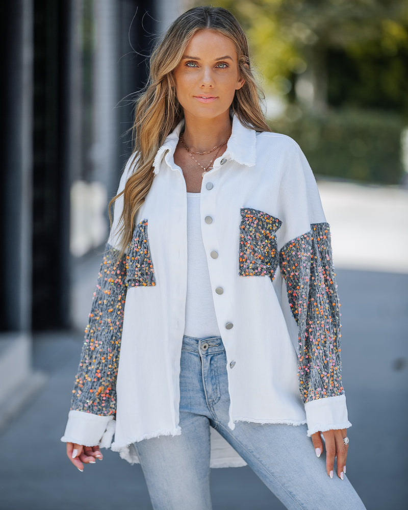 Casual Jacket Sequin Patchwork Long Sleeve Jacket Top Button Front Raw Hem Oversized Denim Shacket