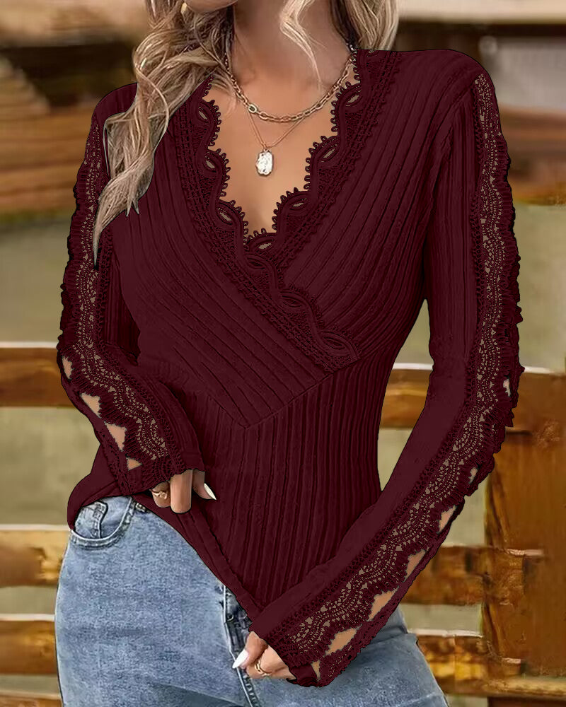 Overlap V-Neck Lace Trim Hollow-out Long Sleeve Tee Slim Fit Ribbed Layering Top