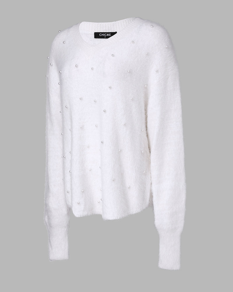 V-Neck Long Sleeve Beaded Decor Oversized Sweater Fluffy Pullover Top