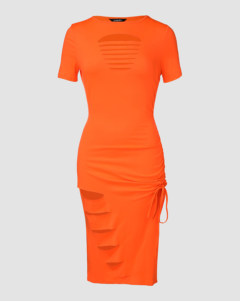 O-neck Short Sleeve Solid Color Cut-Out Ruched Drawstring Bodycon Dress with Side Slit