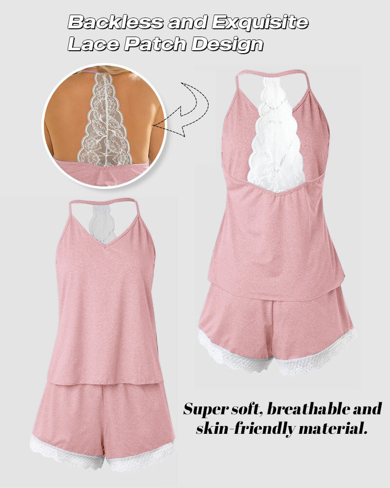 Crochet Lace Trim Backless Cami Top and Shorts Set Pajams Set Sleepwear