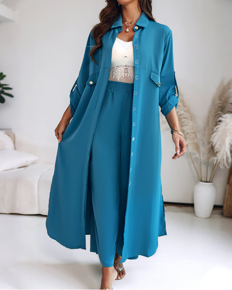 2 Pieces Outfit Turn-down Collar Turn-Up Sleeves Button Front Asymmetrical Hem Longline Blouse and Casual Elastic Waist Wide Leg Pants Set