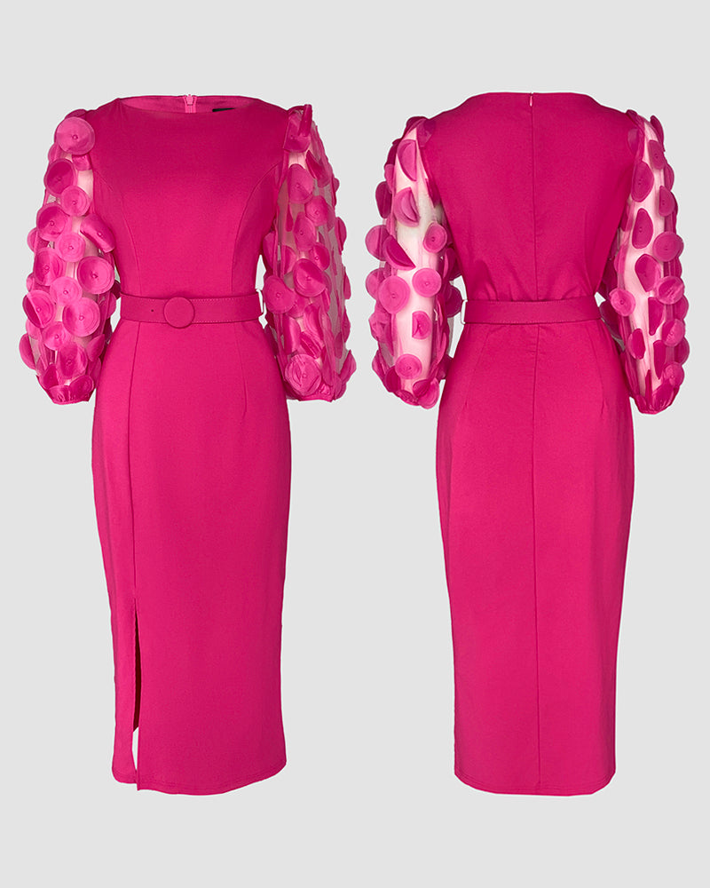 3D Polka Dot Appliques Mesh Lantern Sleeve Zipper Back Slit Work Dress Cinched Waist Slim Fit Mid-Length Dress With Belt
