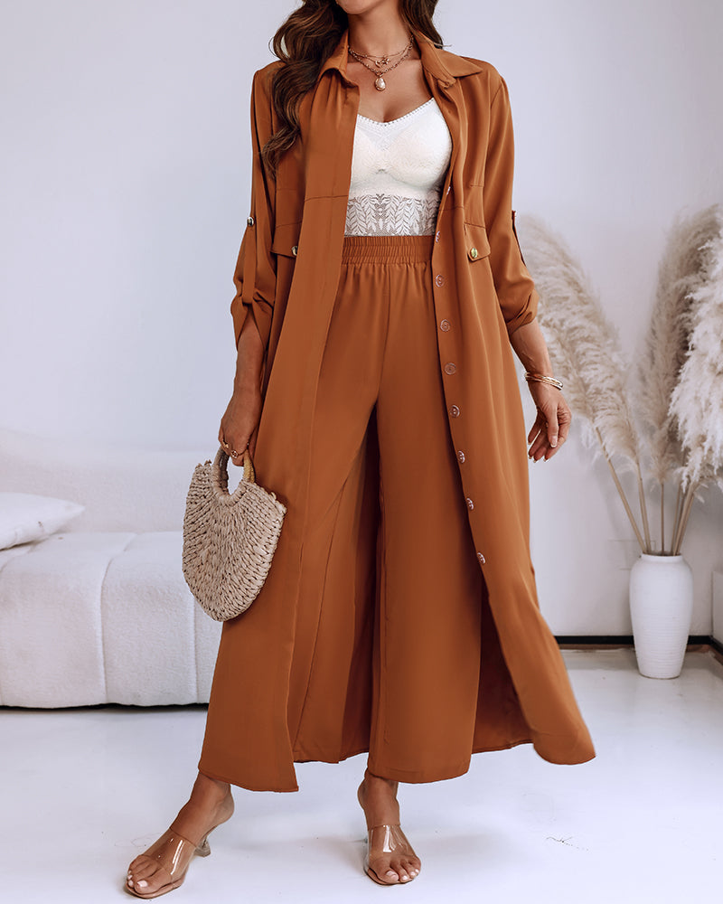 2 Pieces Outfit Turn-down Collar Turn-Up Sleeves Button Front Asymmetrical Hem Longline Blouse and Casual Elastic Waist Wide Leg Pants Set
