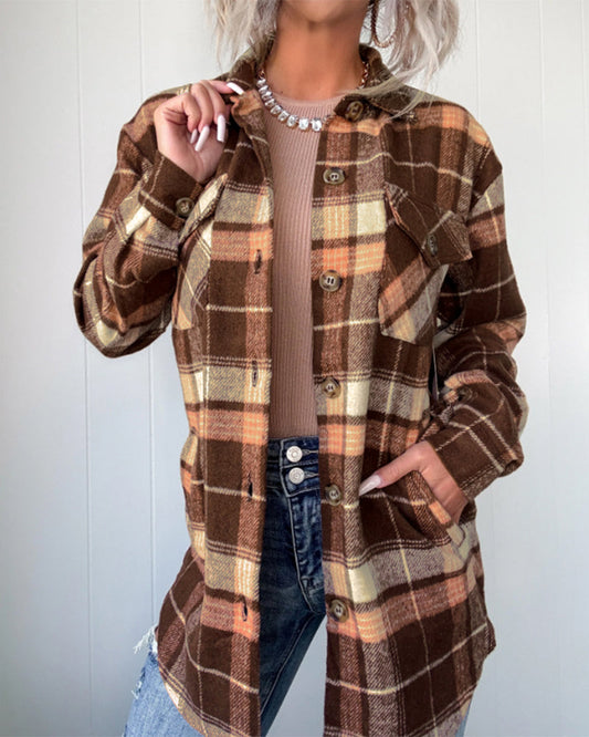 Women's Plaid Long Sleeve Button Down Brushed Shacket Casual Turn-down Collar Coat