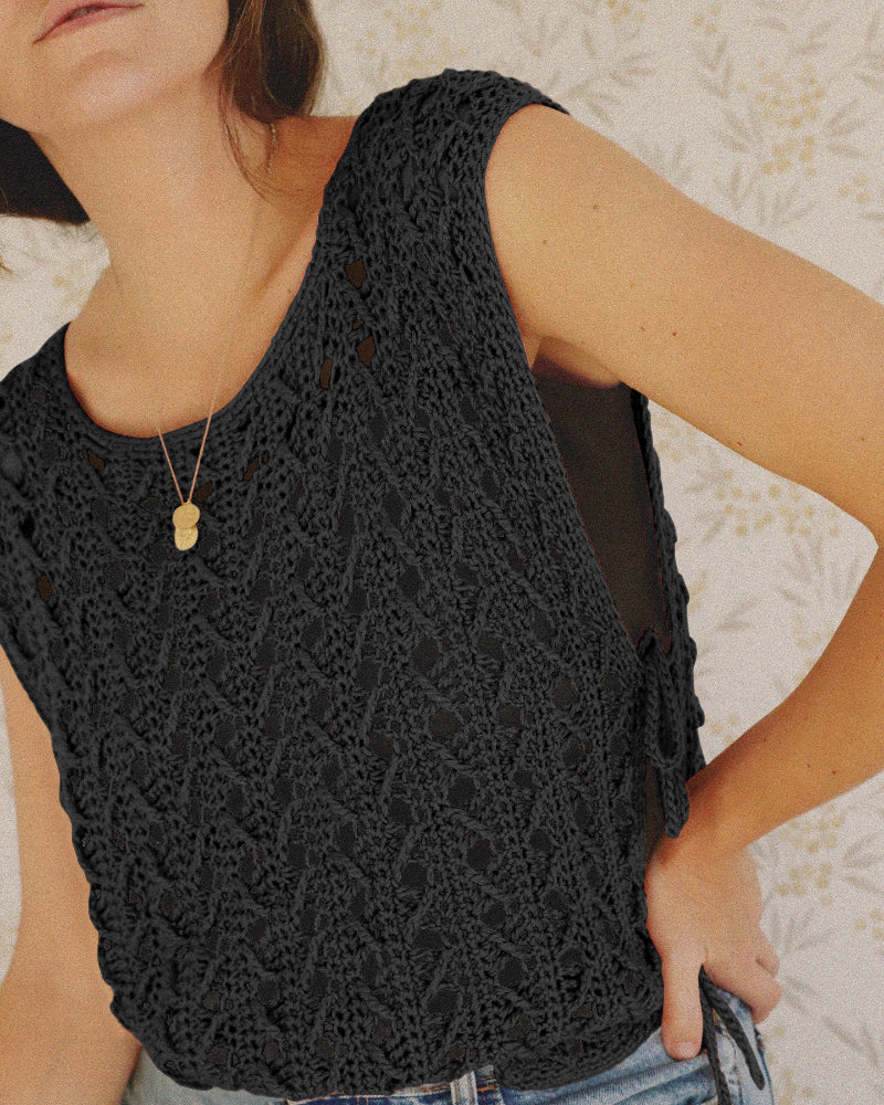 Round Neck Sleeveless Hollow-out Crochet Sweater Casual Tie Side Breathable Crop Top