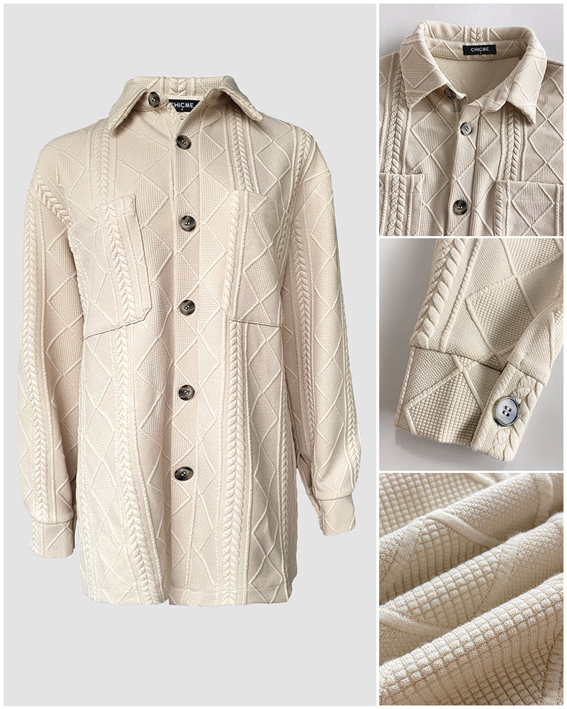 Turn-down Collar Button Front Drop Shoulder Jacket Casual Pockets Design Argyle & Cable Textured Shirt Coat