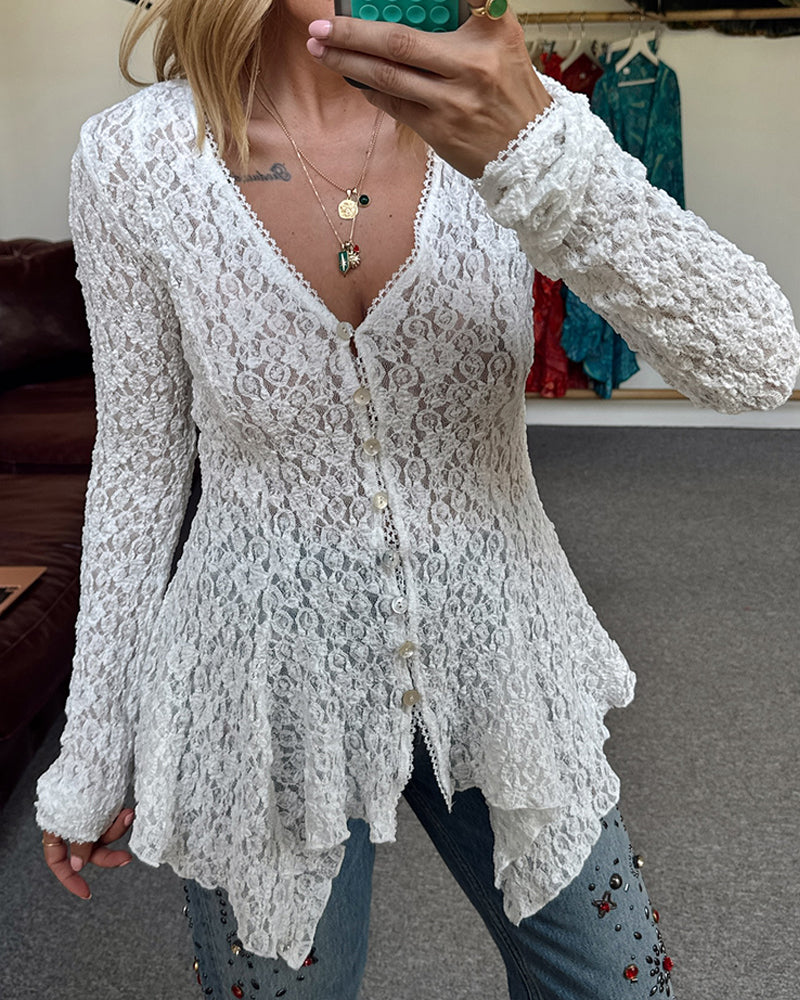 Lace Trim V Neck Button Front Blouse Elegant Asymmetrical Ruffle Hem Top