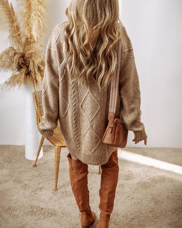 Round Neck Long Sleeve Drop Shoulder Pullover Sweater Casual Loose Fit Cable Knit Mid Length Sweater