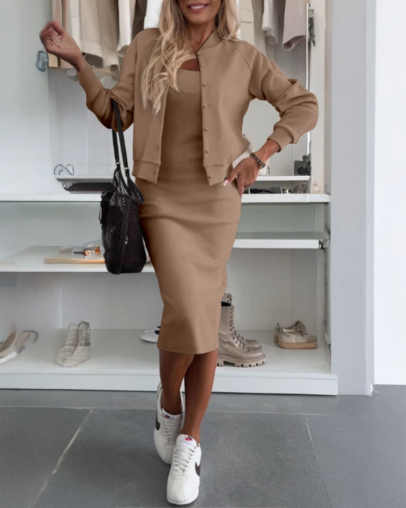 2 Pieces Outfit U-Neck Slit Back Slim Fit Knit Tank Dress and Pearl Button Front Baseball Coat Casual Ribbed Set
