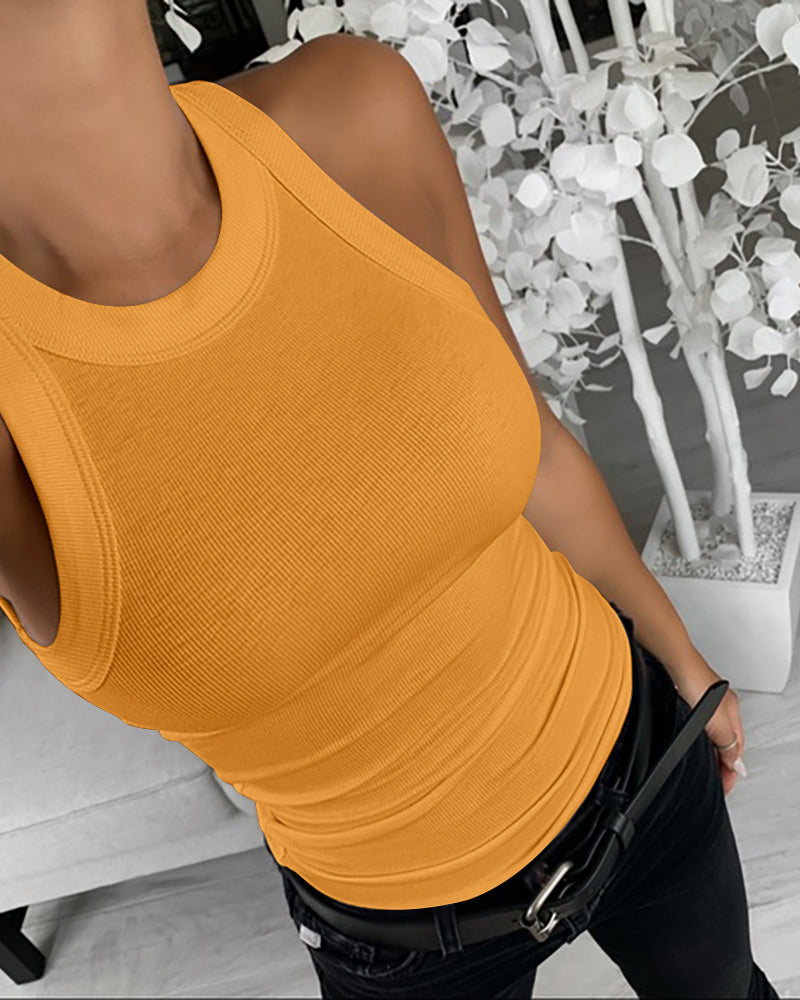 2-Pack Round Neck Thick Strap Racerback Ribbed Tank Slim Fit Tops without Bra Pads
