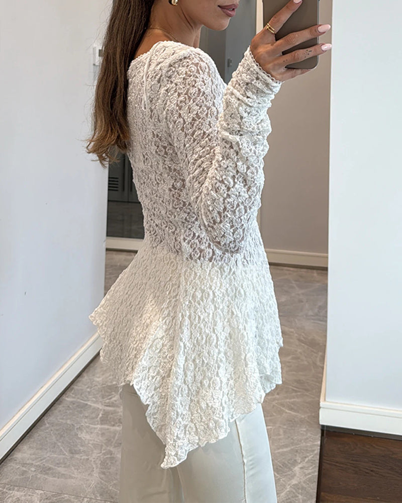 Lace Trim V Neck Button Front Blouse Elegant Asymmetrical Ruffle Hem Top