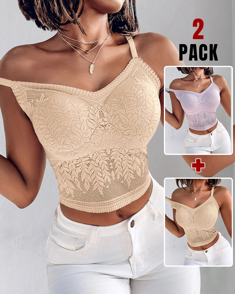 2-Pack Womens Lace V-Neck Adjustable Spaghetti Straps Bralette Camisoles Sexy Soft Crop Cami Top