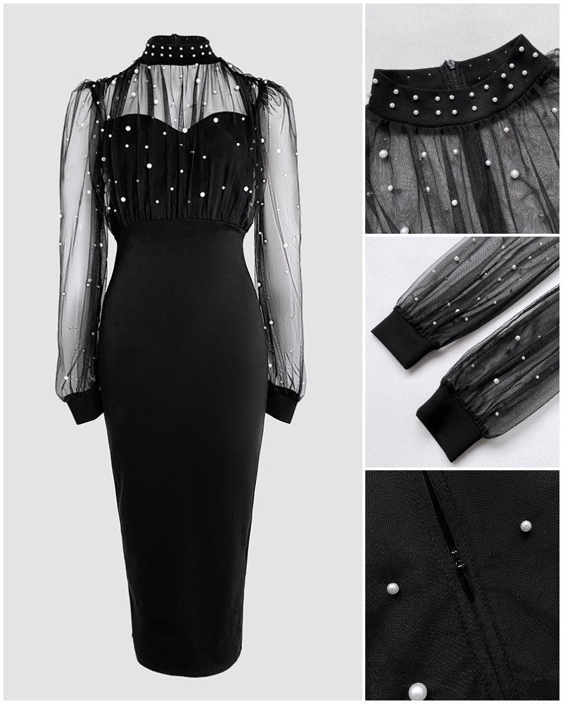 Mock Neck Sheer Mesh Spliced Beaded Bodycon Dress Zipper Back Slit Party Dress