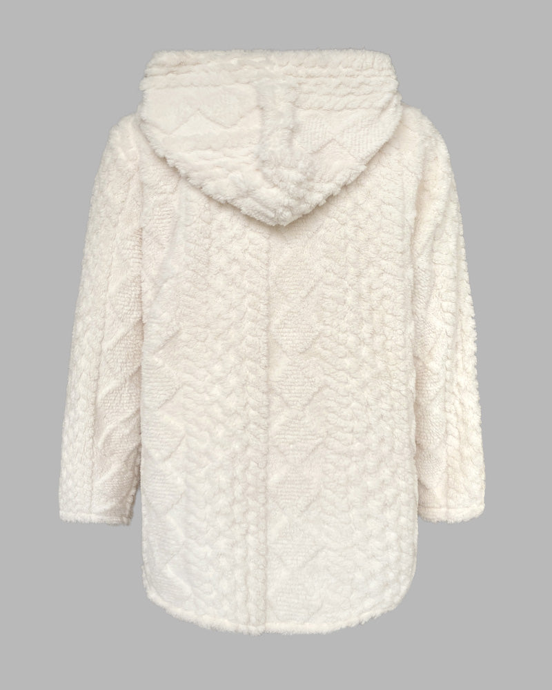 Argyle Textured Button Down Side Slit Long Sleeve Fleece Teddy Coat Hooded Jacket Warm Outwear