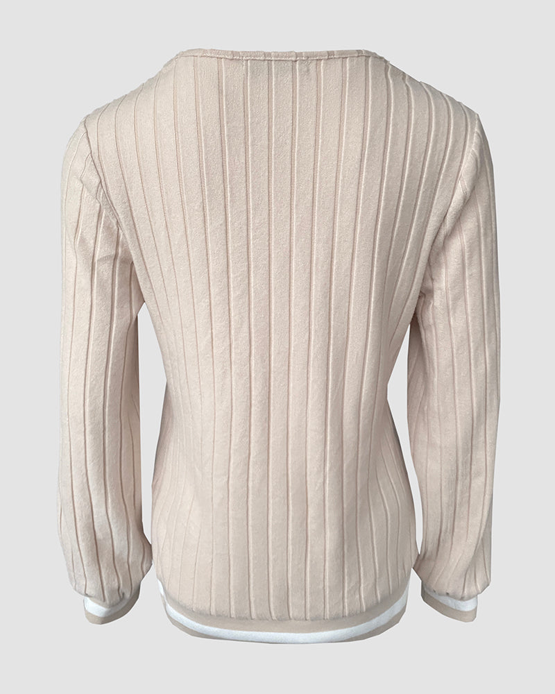 V-Neck Long Sleeve Pit Stripe Causal T-shirt