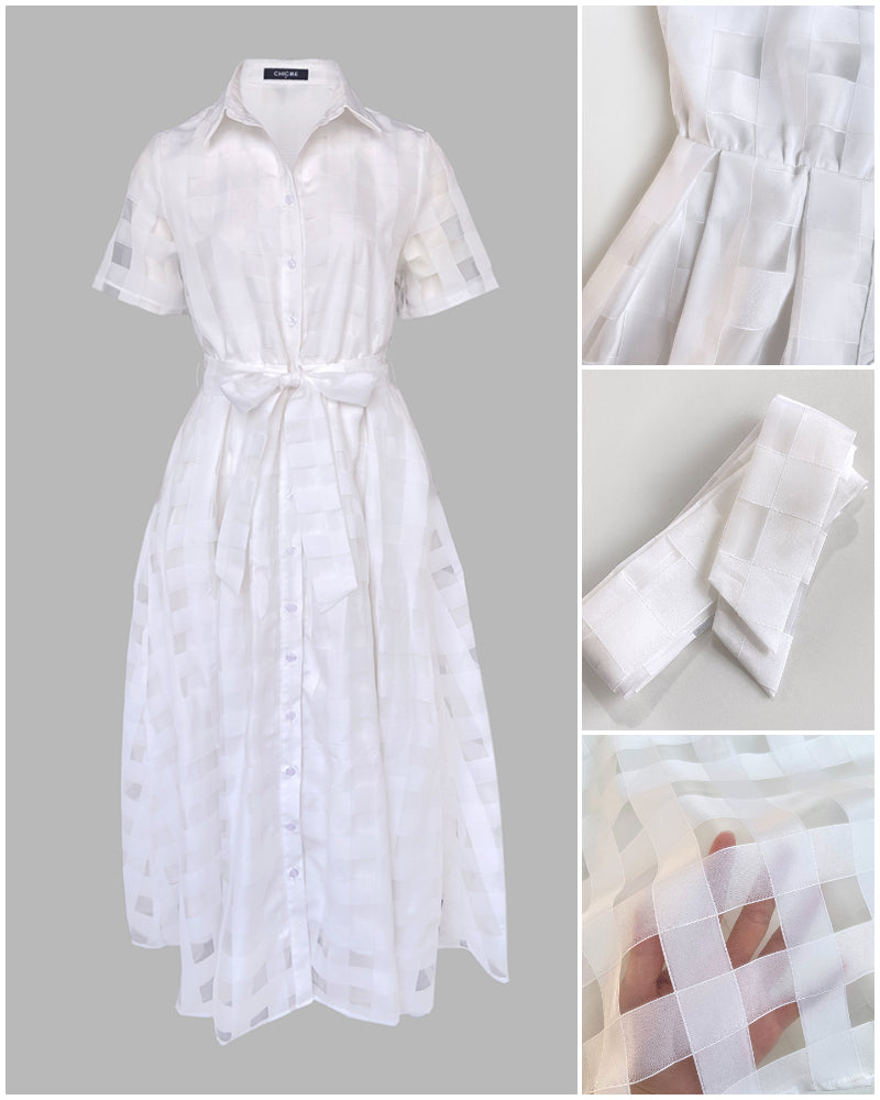 Turn-down Collar Plaid Mesh Double-Layered Cinched Waist Maxi Dress Button Down Bow Tie Waist Commuting Dress