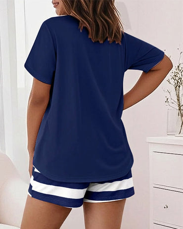 2 Pieces Outfit Anchor Print Round Neck Short Sleeve Top and Striped Elastic Waist Shorts Set Casual Pajamas Set