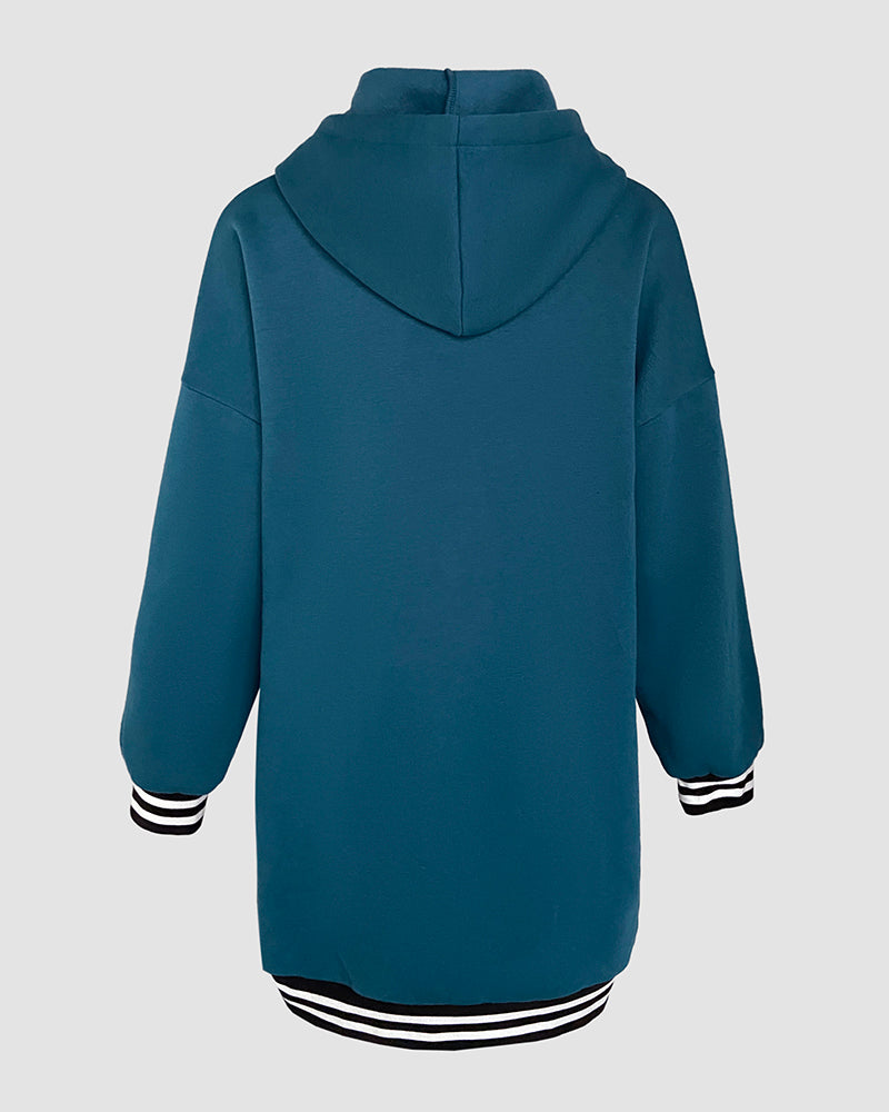 Striped Cuffs Pockets Design Zipper Front Drawstring Hoodie Jacket Casual Drop Shoulder Asymmetrical Hem Mid-length Coat