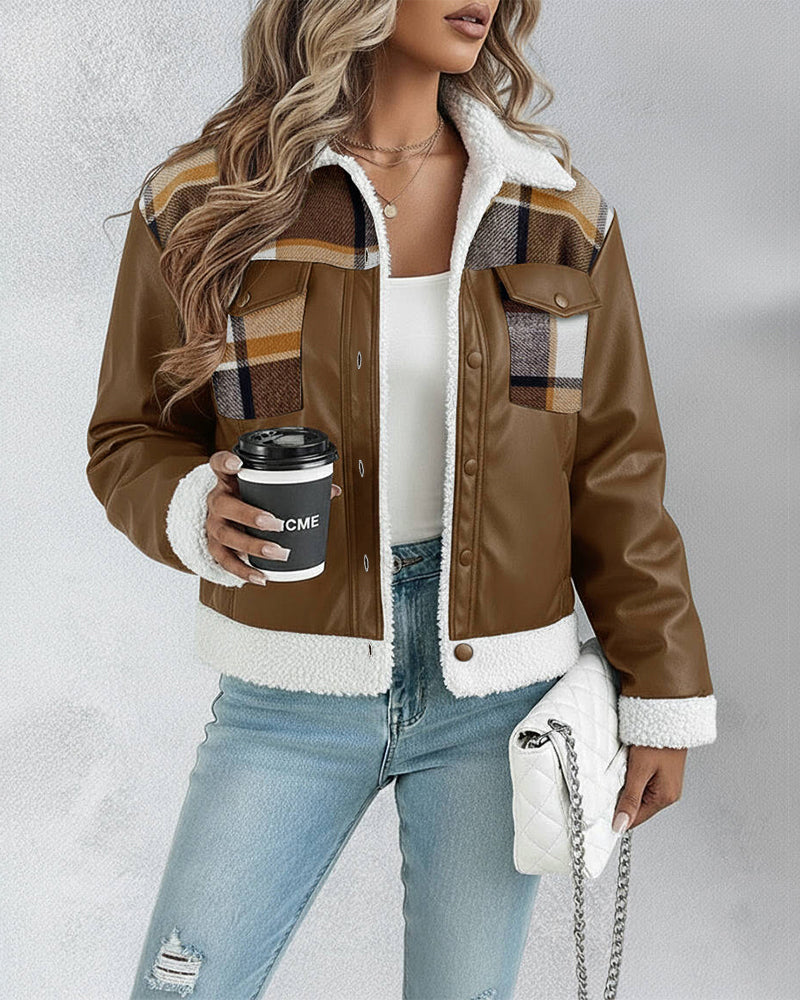 PU Leather Plaid Print Spliced Turn-down Collar Button Front Thermal Lined Jacket Casual Faux Shearling Trim Flap Pockets Design Crop Warm Coat