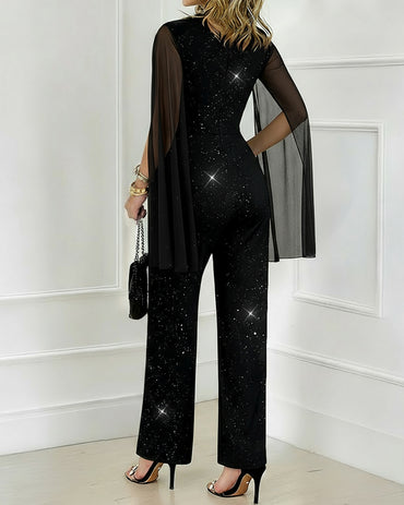 Glitter Mock Neck Sheer Chiffon Cloak Sleeve Overalls Casual Zipper Back Jumpsuit