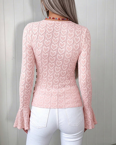 Women's Heart Jacquard Overlap V Neck Top Flare Long Sleeve Side Button Ruched Blouse Slim Fit Wrap Top