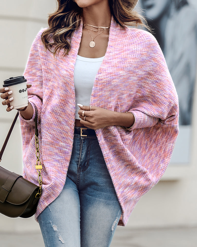 Colorful Waffle Knit Open Front Coat Batwing Long Sleeve Cardigan