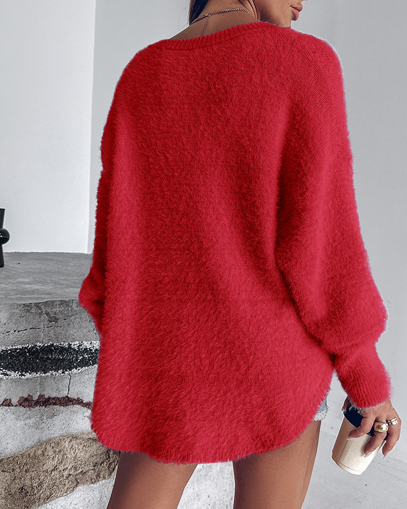 V-Neck Long Sleeve Beaded Decor Oversized Sweater Fluffy Pullover Top
