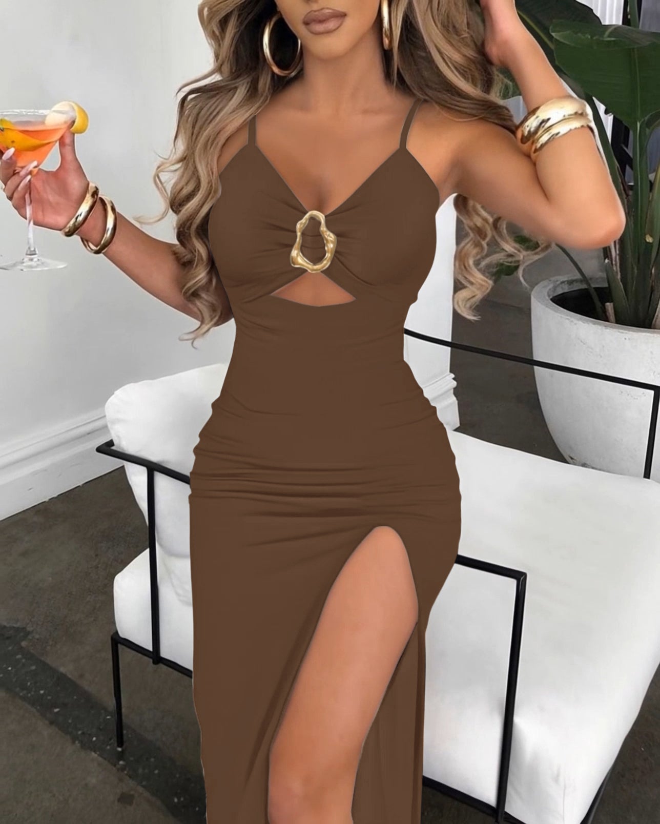 Metal Ring Decor V-Neck Adjustable Spaghetti Straps Bodycon Dress High Slit Hollow-out Evening Dress