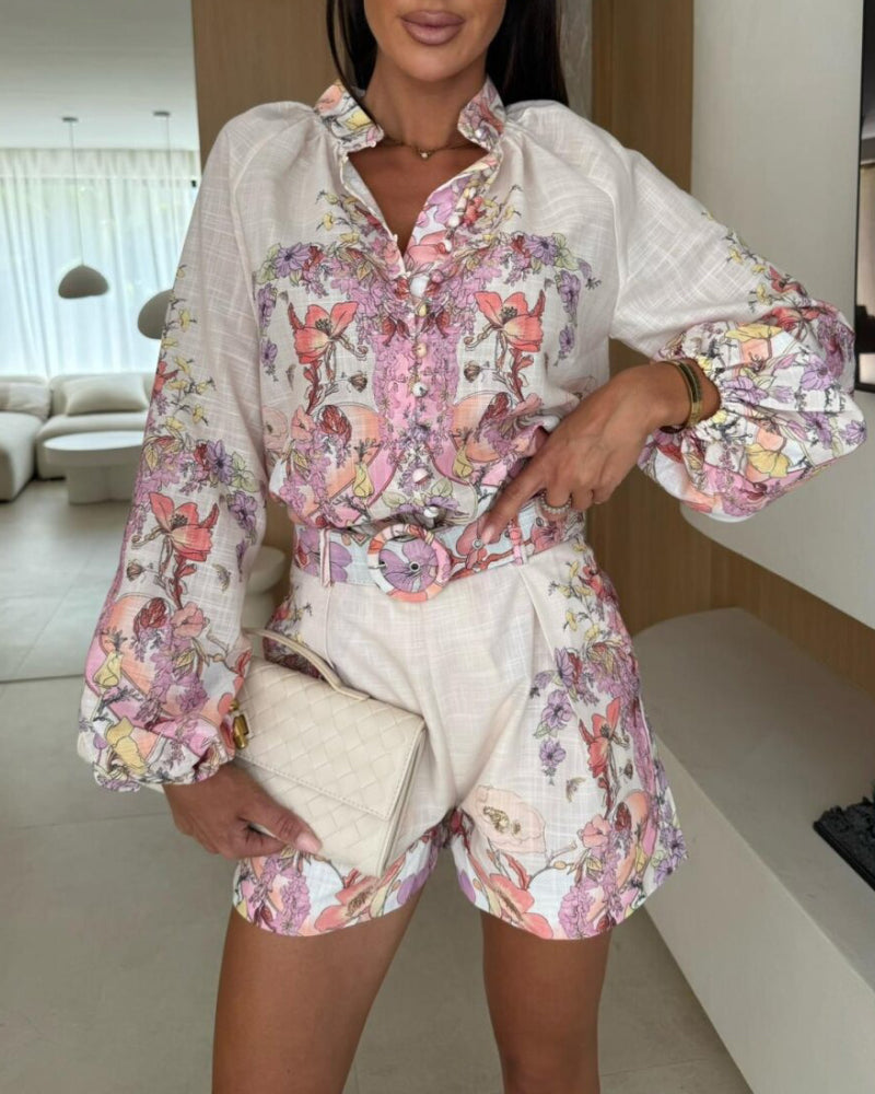 2 Pieces Outfit Floral Placement Print Stand Collar Button Button Front Lantern Sleeve Top and Casual Elastic Back Waist Shorts Set with Belt