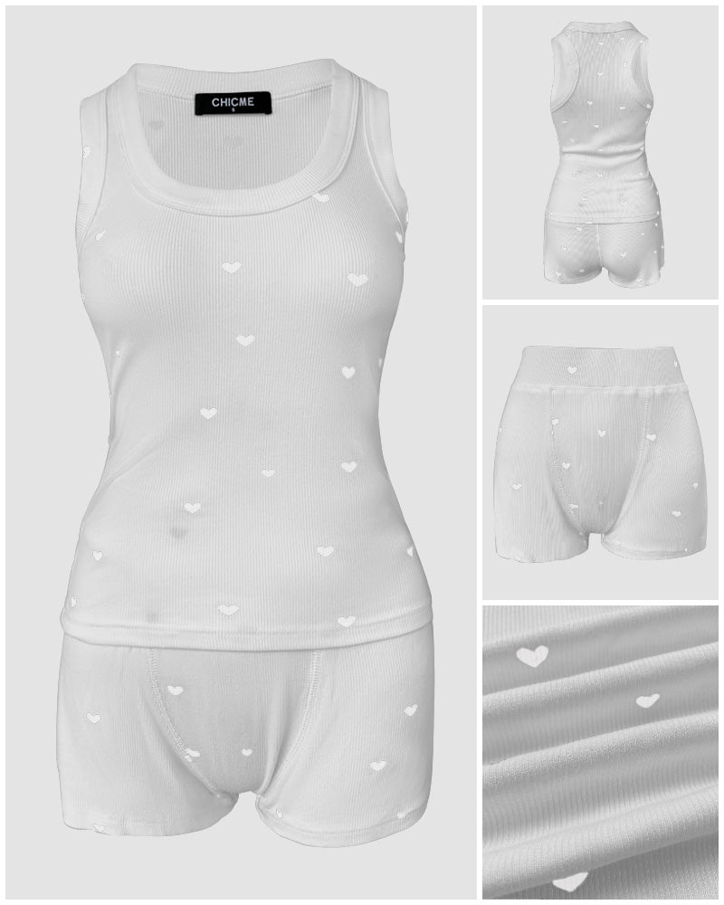 2 Pieces Outfit Heart Print U Neck Sleeveless Tank Top and Casual Strechy Waist Shorts Set Slim Fit Ribbed Pajamas Set