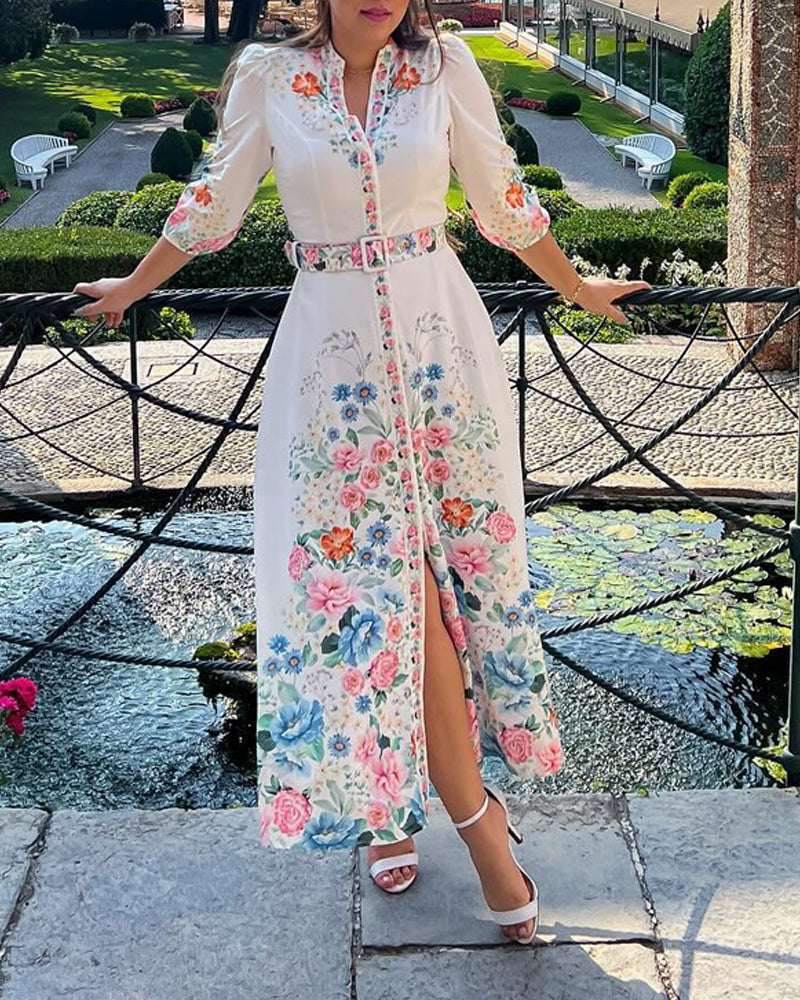 Floral Print V Neck Three Quarters Tied Detail Blouse Dress Casual A Line Slim Fit Maxi Dress