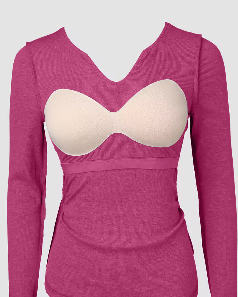 ChicMe Built-in Bra Notch Neck Long Sleeve Shirts Rib-Knit Ruched Waist Top