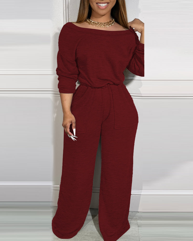 Off Shoulder V-Back Elastic Waist Pockets Design Jumpsuit Casual Drop Shoulder Cinched Waist Wide Leg Jumpsuit